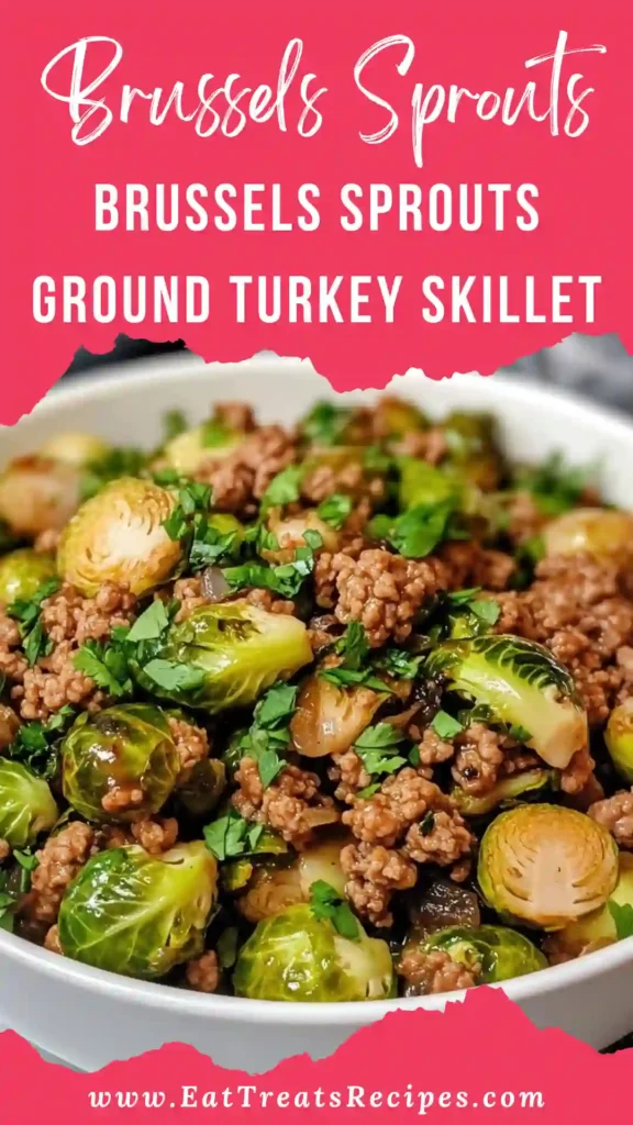 Brussels Sprouts Ground Turkey Skillet cooked in one pan on white marble background