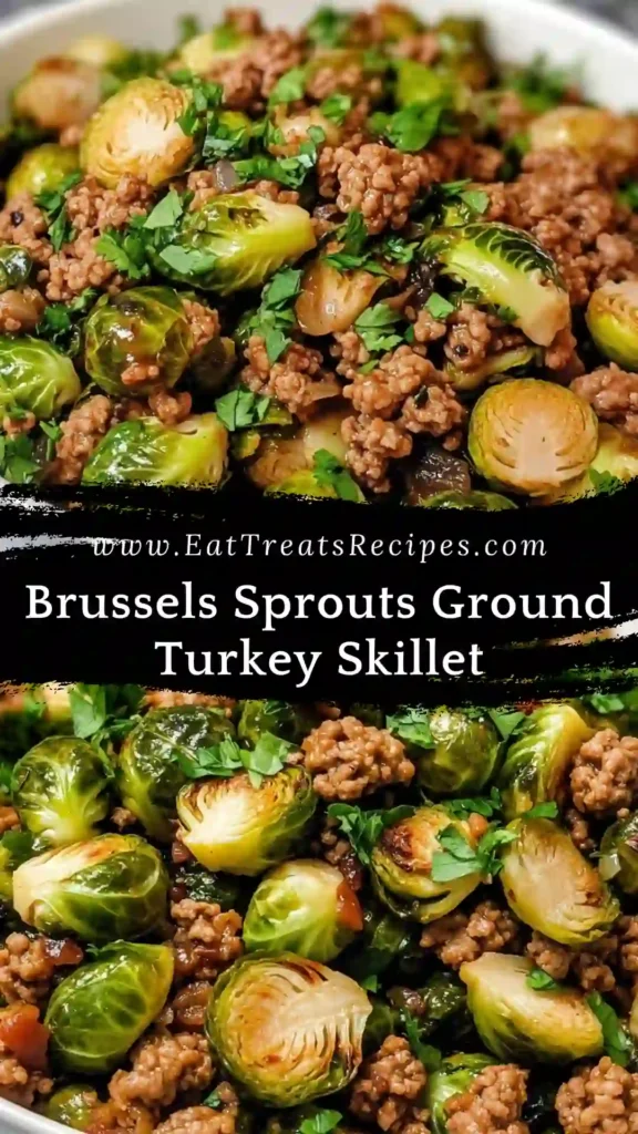 Brussels Sprouts Ground Turkey Skillet cooked in one pan on white marble background