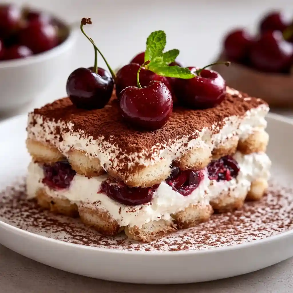 Cozy Cherry Amaretto Tiramisu layered dessert with mascarpone and cherries