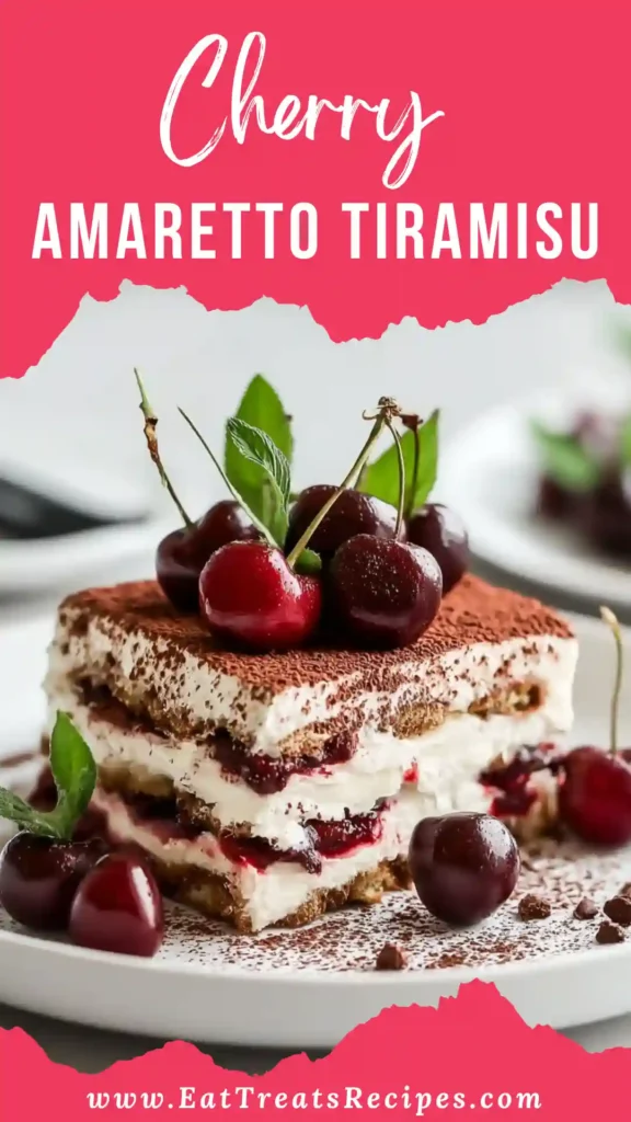 Cozy Cherry Amaretto Tiramisu layered dessert with mascarpone and cherries