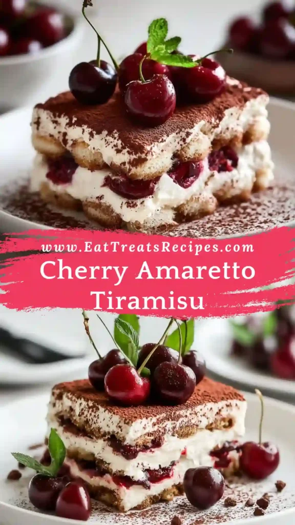 Cozy Cherry Amaretto Tiramisu layered dessert with mascarpone and cherries