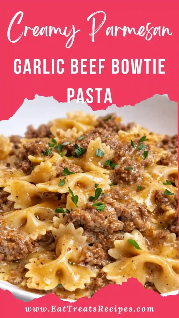 Creamy Parmesan Garlic Beef Bowtie Pasta served warm in a cozy dinner bowl
