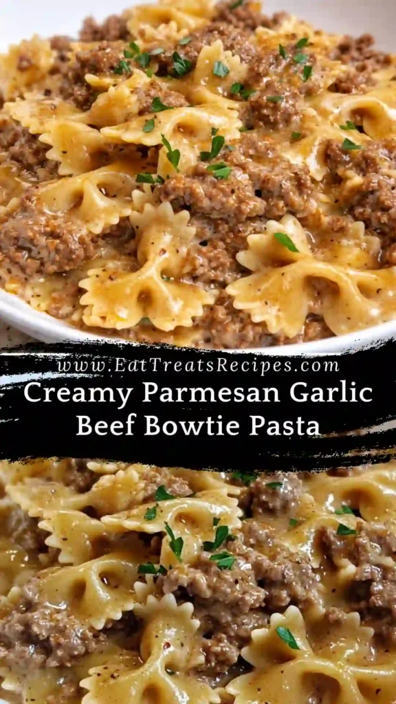 Creamy Parmesan Garlic Beef Bowtie Pasta served warm in a cozy dinner bowl