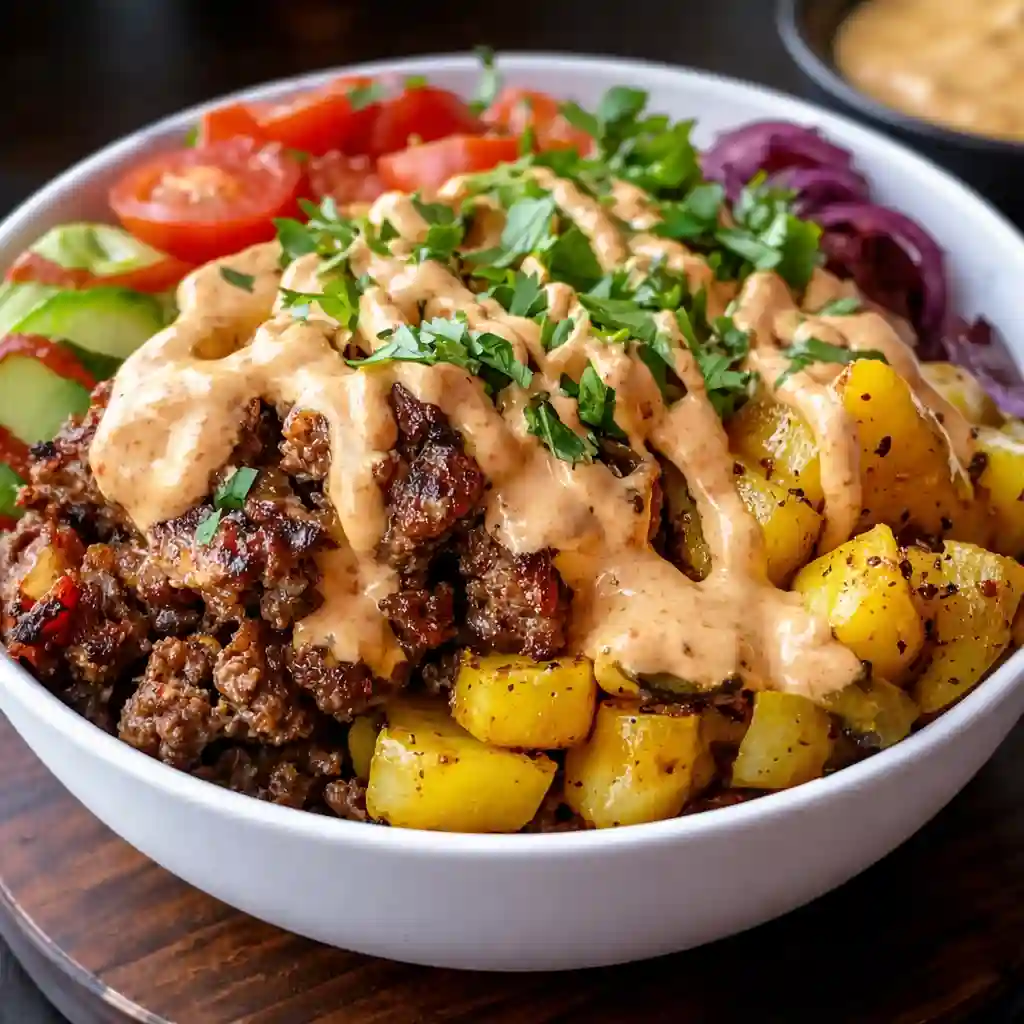 Delightful burger bowls recipe with seasoned ground beef and fresh vegetables