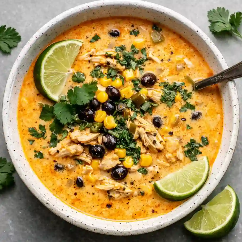 Easy Chicken Poblano Soup served warm in a bowl on white marble background