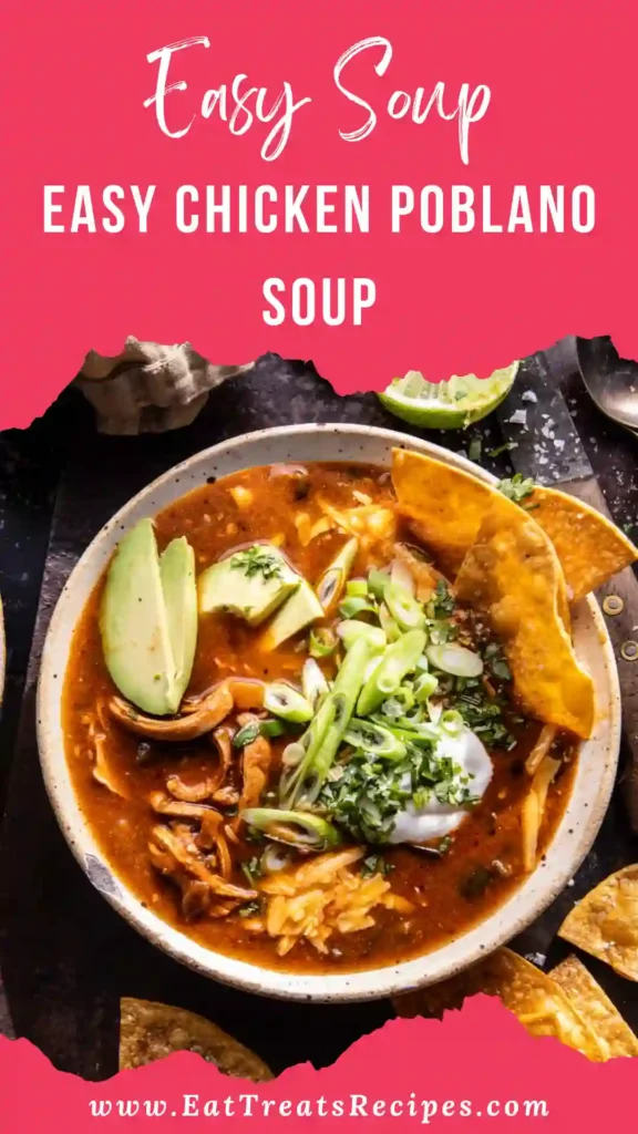 Easy Chicken Poblano Soup served warm in a bowl on white marble background