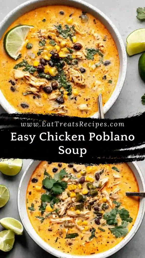 Easy Chicken Poblano Soup served warm in a bowl on white marble background