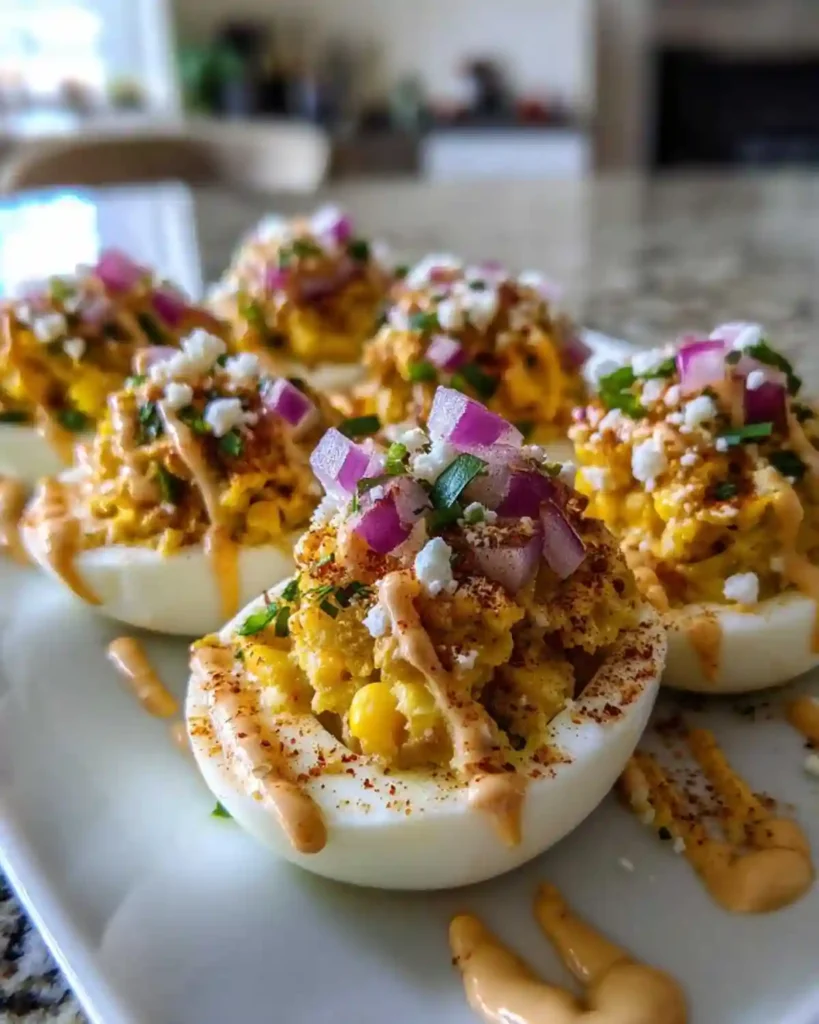 Elote deviled eggs with chipotle mayo served on a platter