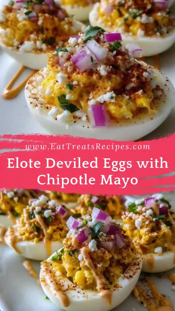 Elote deviled eggs with chipotle mayo served on a platter