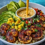 Fresh shrimp and creamy avocado bowl with mango salsa and lime chili sauce