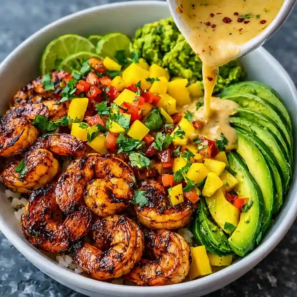 Fresh shrimp and creamy avocado bowl with mango salsa and lime chili sauce
