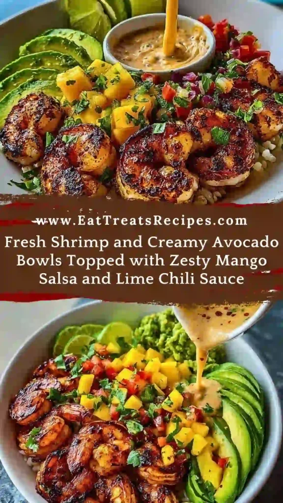 Fresh shrimp and creamy avocado bowl with mango salsa and lime chili sauce