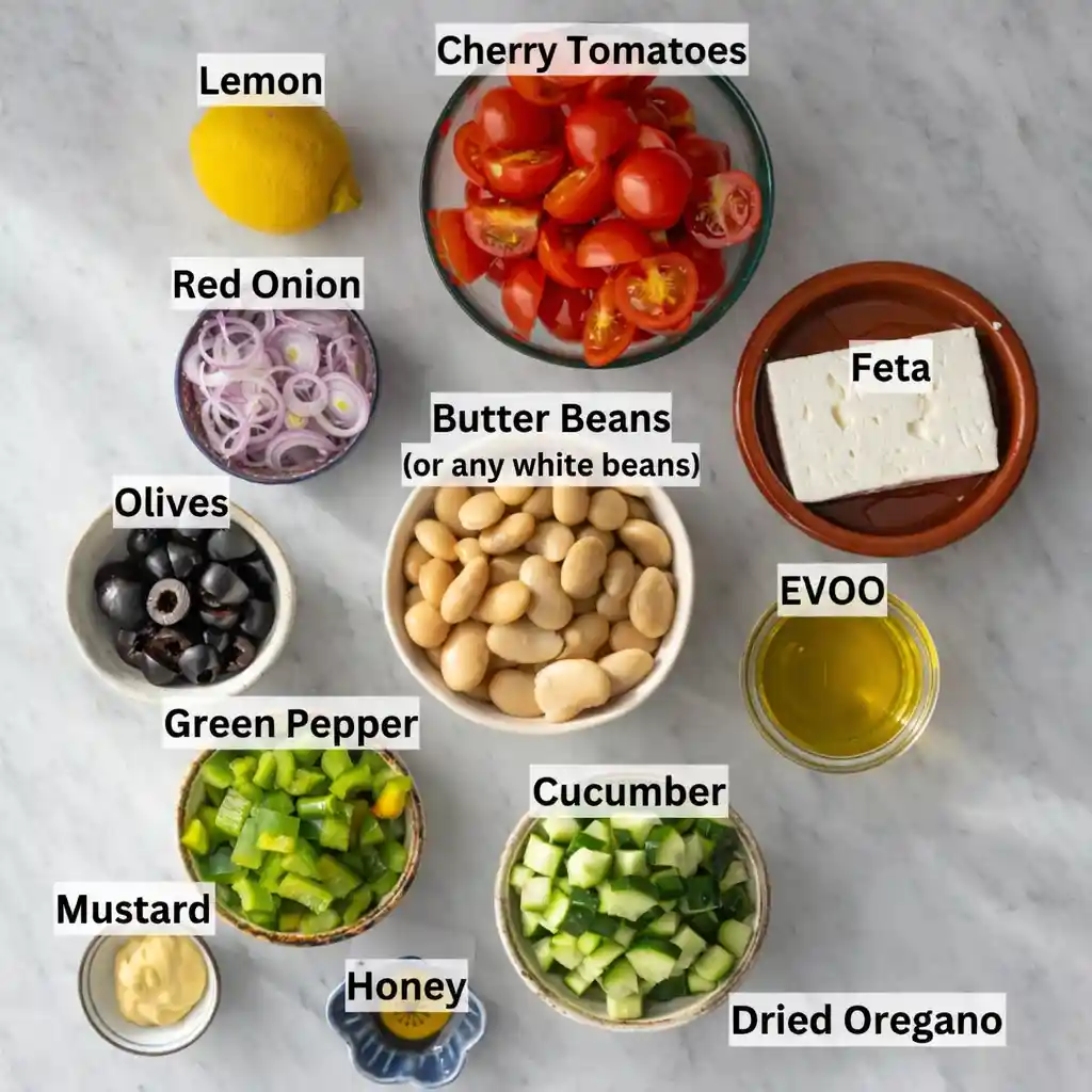 Greek bean salad with lemon marinated beans in a bowl