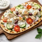 Greek Chicken Flatbread with tender marinated chicken and Mediterranean toppings