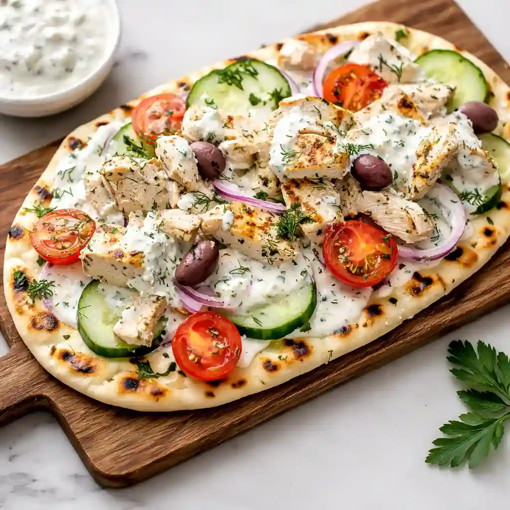 Greek Chicken Flatbread with tender marinated chicken and Mediterranean toppings