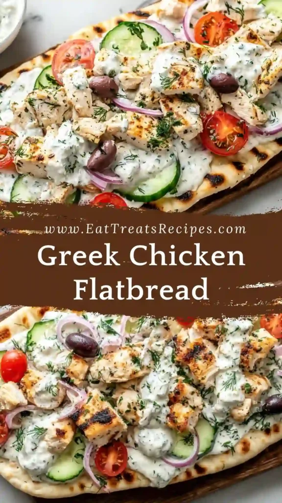 Greek Chicken Flatbread with tender marinated chicken and Mediterranean toppings