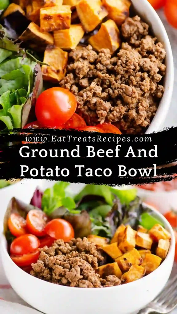 Whole 30 ground beef and potato taco bowl with fresh vegetables on white marble background