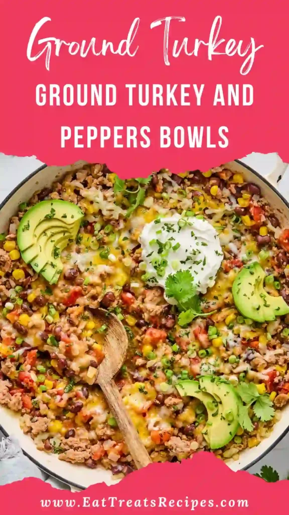 Ground Turkey And Peppers Bowls served warm on white marble background