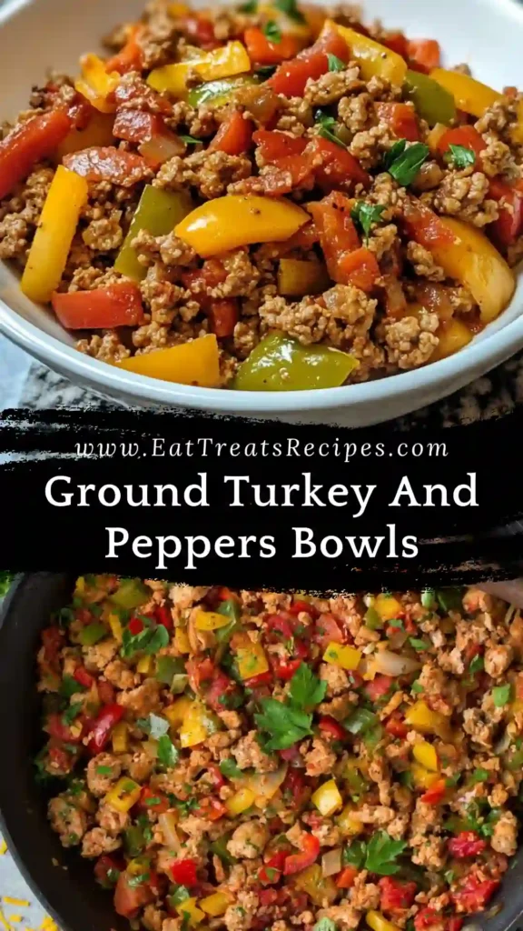 Ground Turkey And Peppers Bowls served warm on white marble background