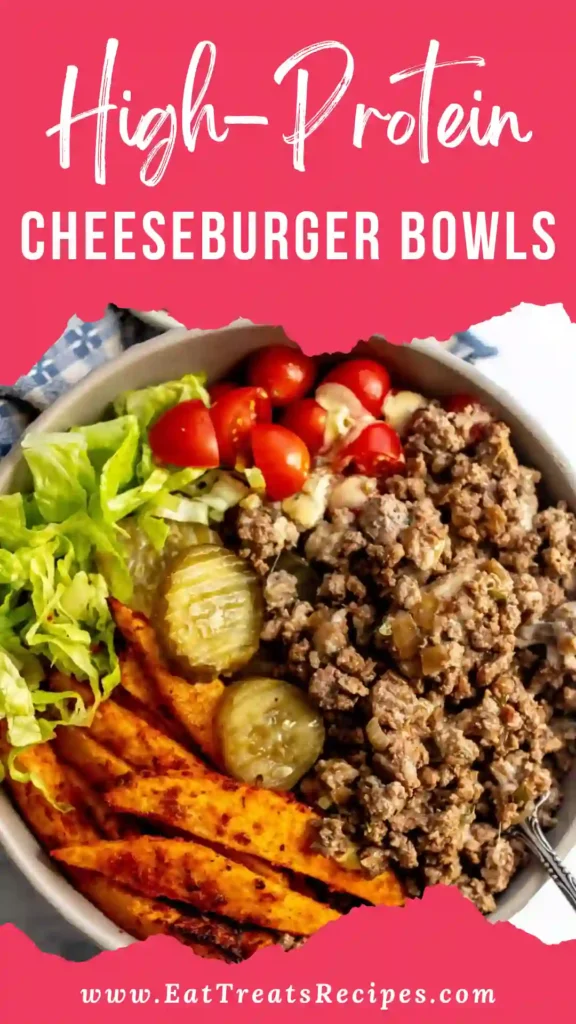 Cozy High-Protein Cheeseburger Bowls with beef, cheese, and fresh toppings on white marble background