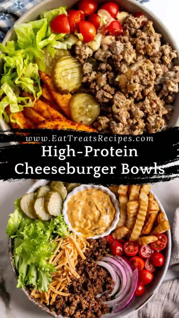 Cozy High-Protein Cheeseburger Bowls with beef, cheese, and fresh toppings on white marble background