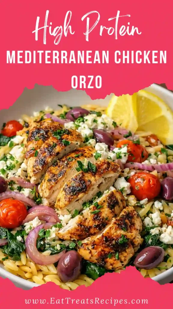 High protein Mediterranean chicken orzo served warm in a bowl