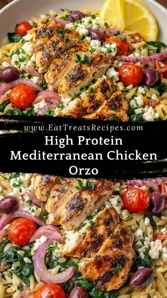High protein Mediterranean chicken orzo served warm in a bowl