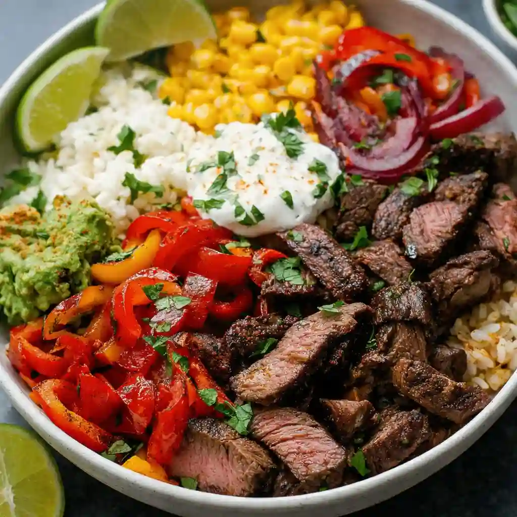 High protein steak fajita bowl with sautéed peppers and onions on white marble background
