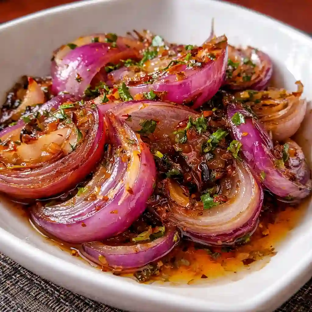 Hot Honey Pickled Red Onions in a glass jar with vibrant pink color
