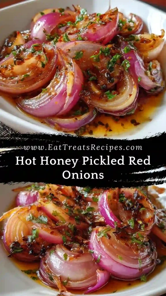 Hot Honey Pickled Red Onions in a glass jar with vibrant pink color