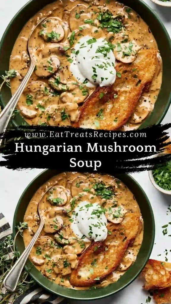 Hungarian Mushroom Soup served warm in a cozy bowl