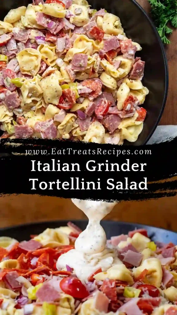 Italian Grinder Tortellini Salad with tortellini, salami, pepperoni, and vegetables