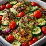 Mediterranean Chicken Zucchini Bake with tender chicken and zucchini on white marble background