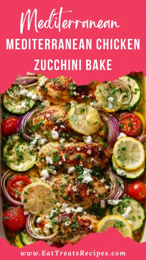 Mediterranean Chicken Zucchini Bake with tender chicken and zucchini on white marble background