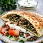 Mediterranean ground beef pita pockets prepared for lunch meal prep on white marble background