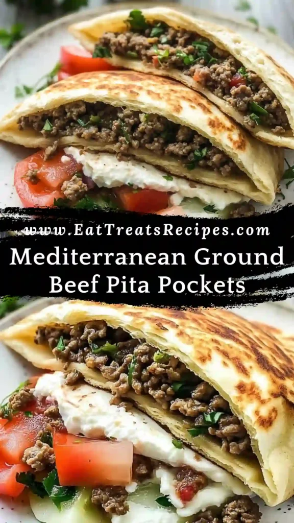 Mediterranean ground beef pita pockets prepared for lunch meal prep on white marble background