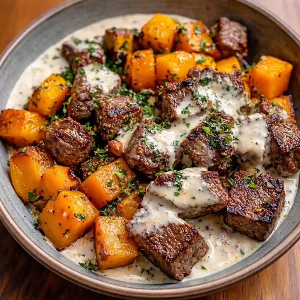 Mouthwatering butternut squash steak bowls with roasted squash and sliced steak on a white marble background