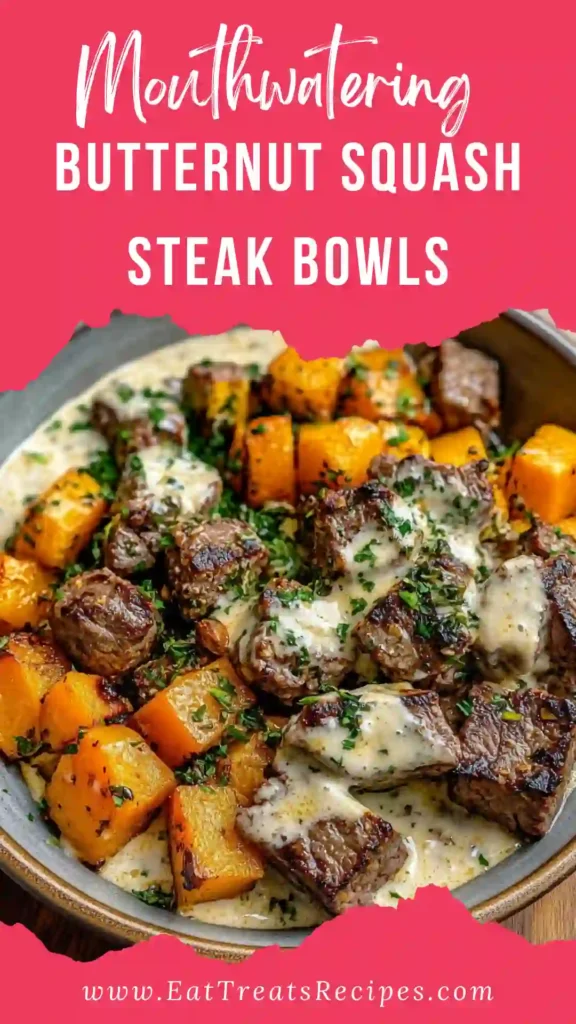 Mouthwatering butternut squash steak bowls with roasted squash and sliced steak on a white marble background