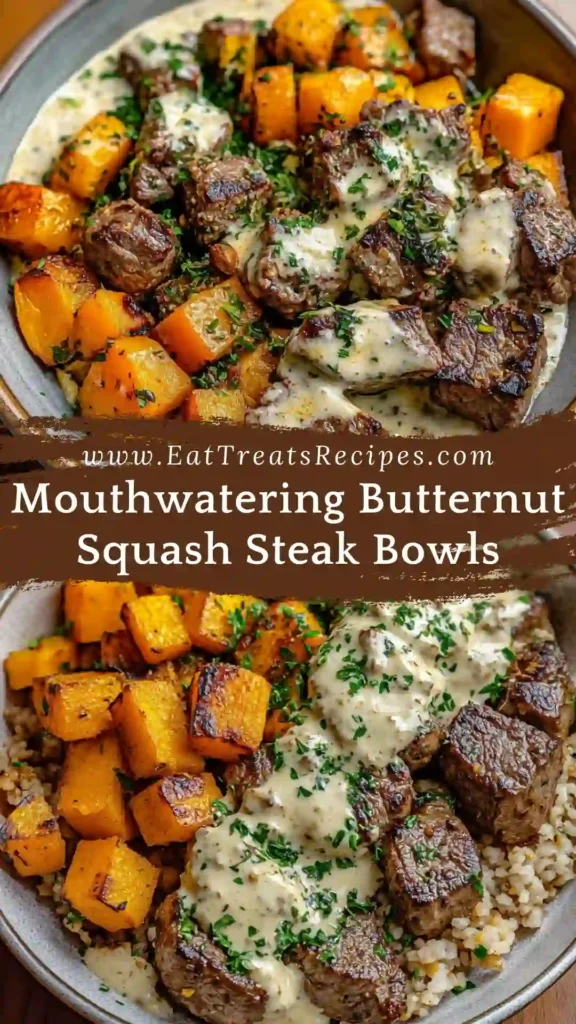 Mouthwatering butternut squash steak bowls with roasted squash and sliced steak on a white marble background