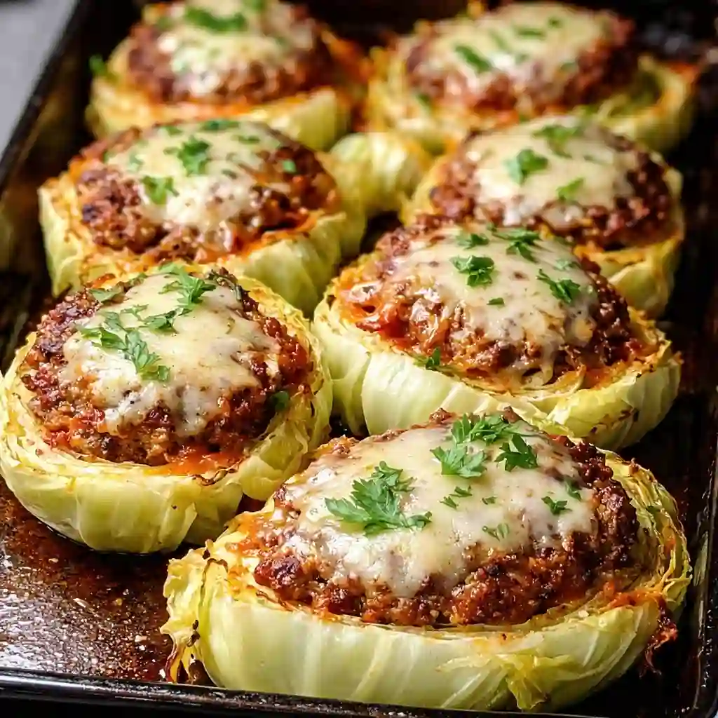 Oven-Baked Cabbage Burgers served hot with baked cabbage and beef patties on a white marble background