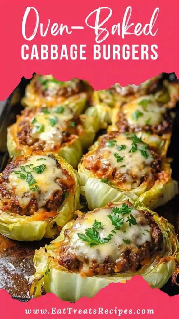 Oven-Baked Cabbage Burgers served hot with baked cabbage and beef patties on a white marble background