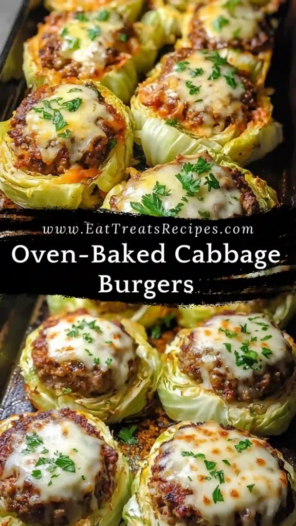 Oven-Baked Cabbage Burgers served hot with baked cabbage and beef patties on a white marble background