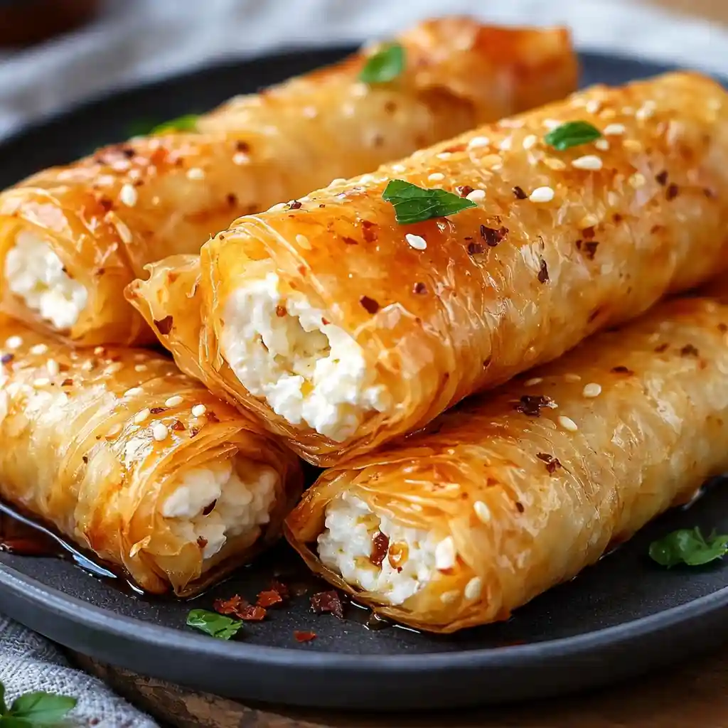 Oven-Fried Feta Rolls with Spicy Chili Honey served warm