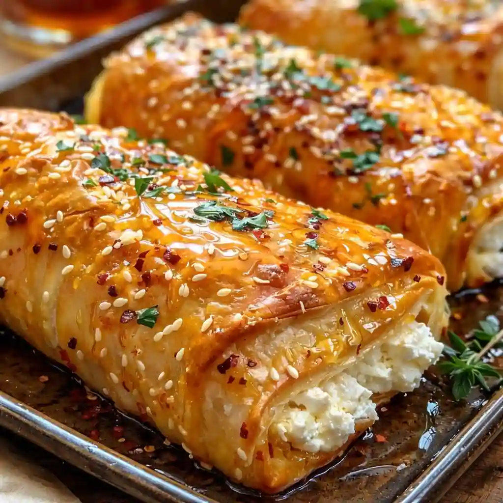 Oven-Fried Feta Rolls with Spicy Chili Honey served warm