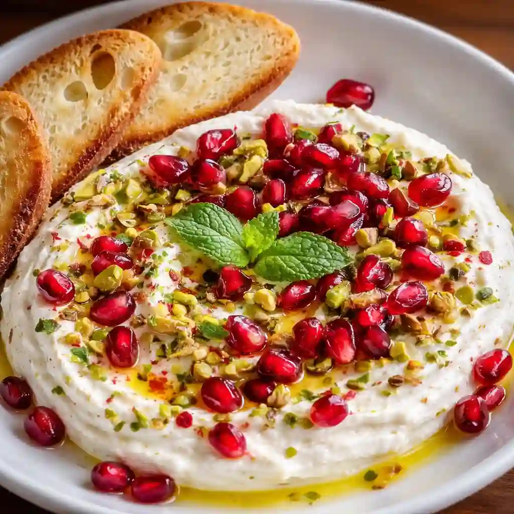 Pomegranate Pistachio Feta Dip with whipped feta, pomegranate seeds, and pistachios on white marble background