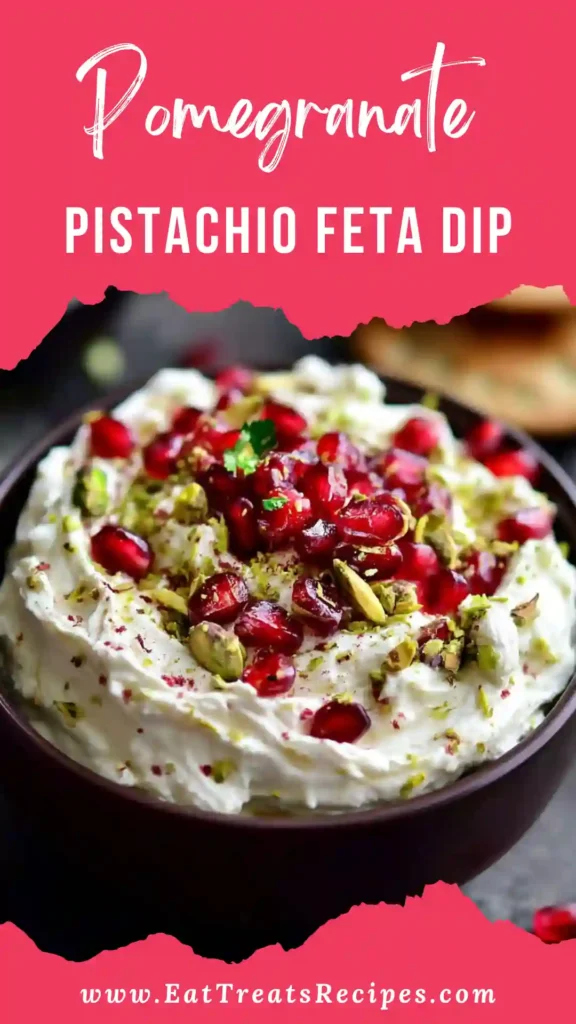 Pomegranate Pistachio Feta Dip with whipped feta, pomegranate seeds, and pistachios on white marble background