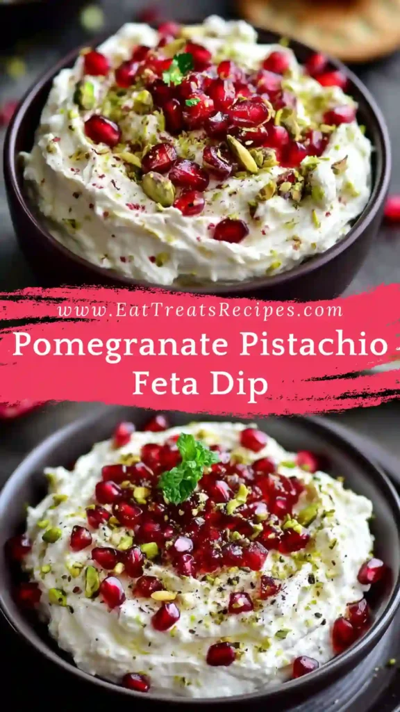 Pomegranate Pistachio Feta Dip with whipped feta, pomegranate seeds, and pistachios on white marble background