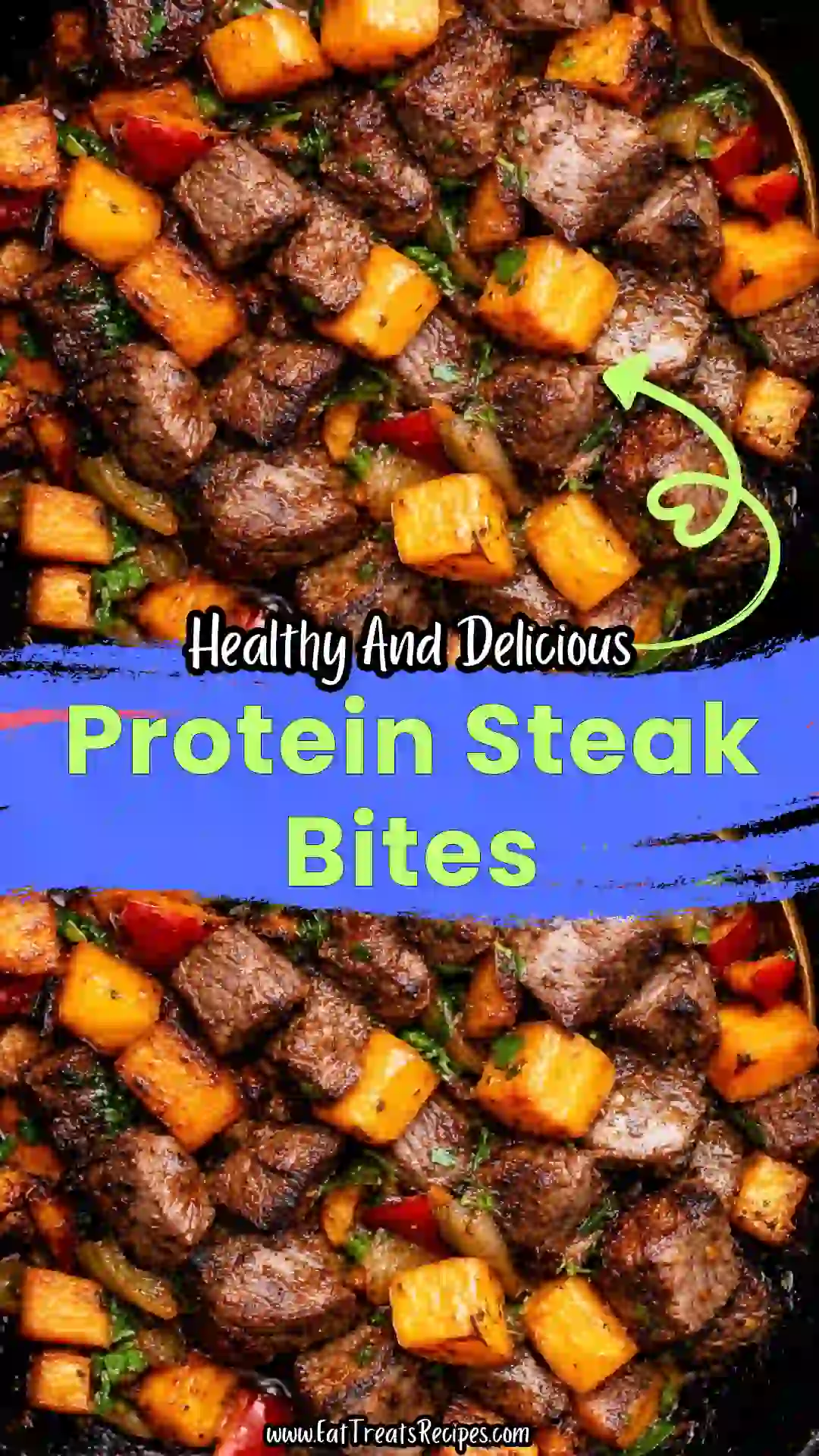 Protein steak bites with sweet potatoes and peppers