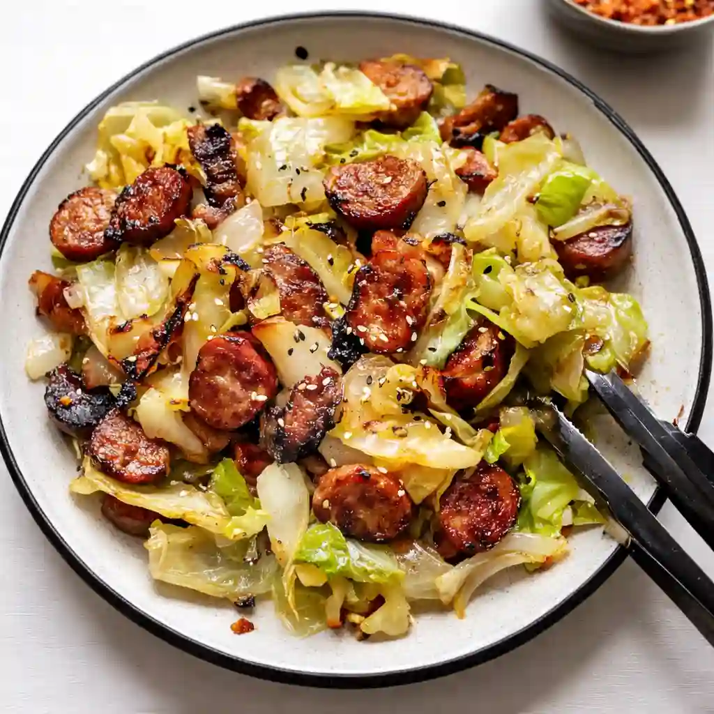 Sausage and cabbage stir fry with caramelized cabbage served on white marble background