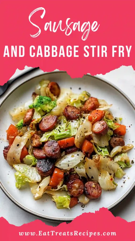 Sausage and cabbage stir fry with caramelized cabbage served on white marble background